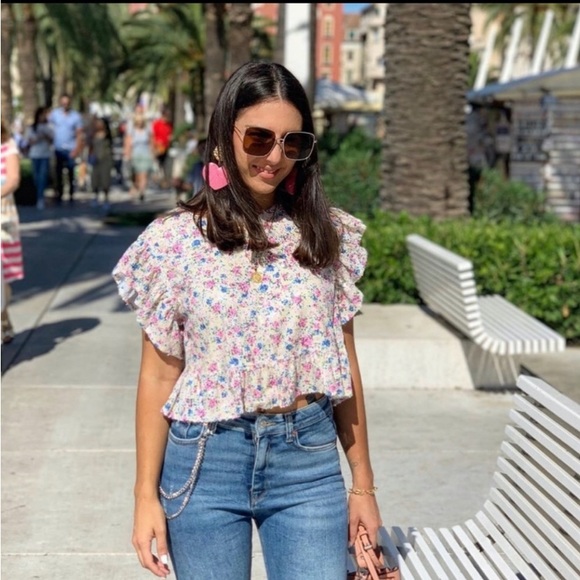 Zara Sequin Pastel Floral Ruffle Crop Top Blouse - Picture 3 of 12